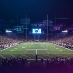 College football stadium packed with fans under night lights with betting odds overlay