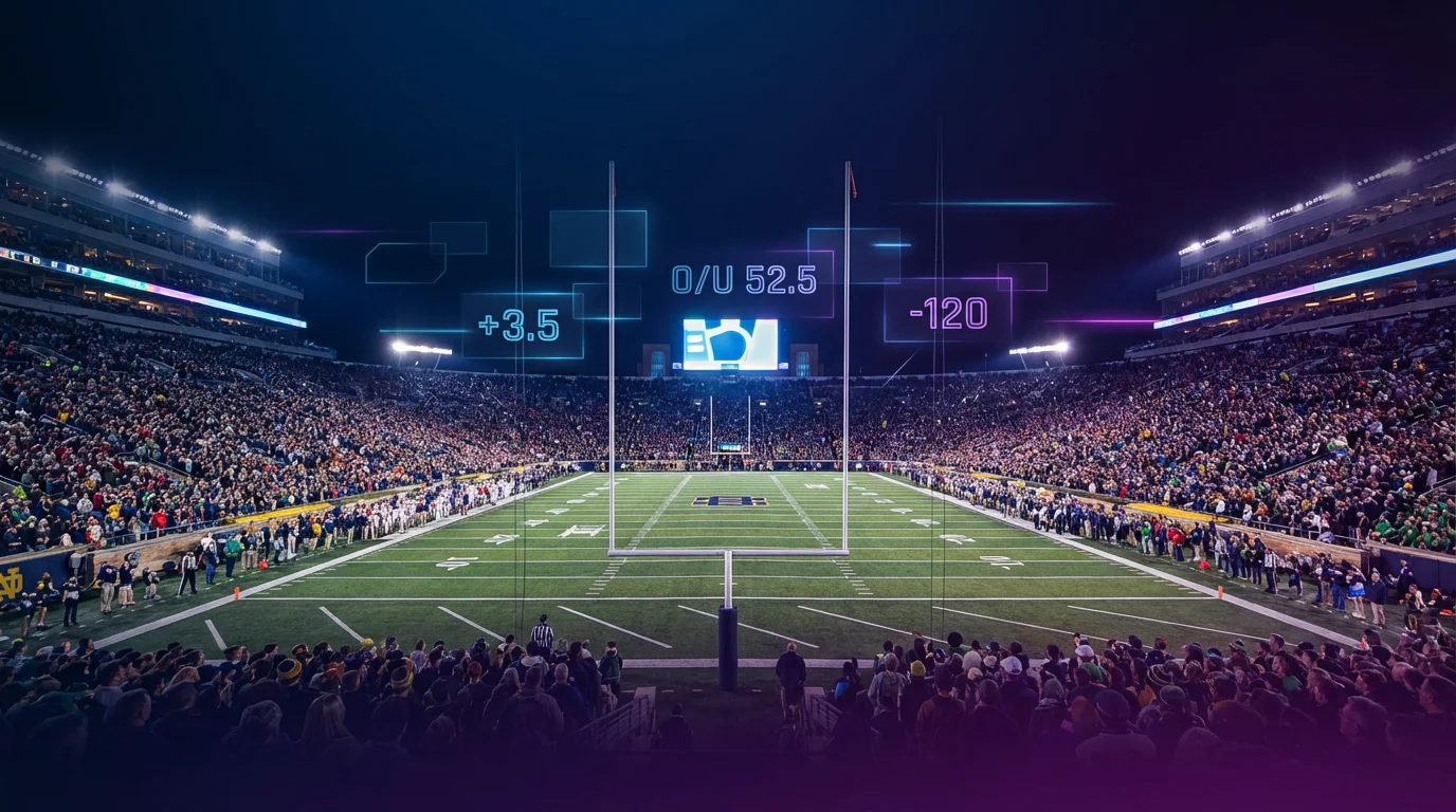 College football stadium packed with fans under night lights with betting odds overlay