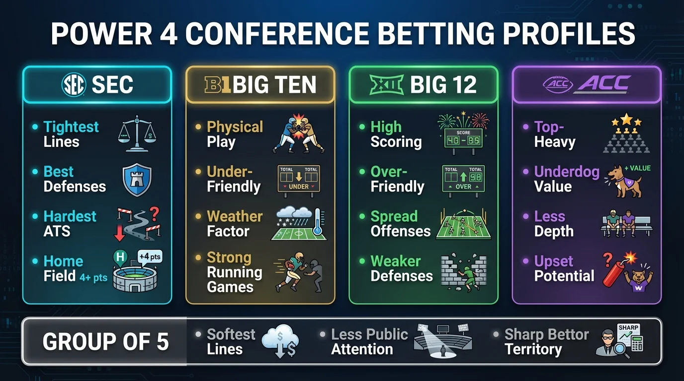 Comparison of Power 4 college football conferences with betting profiles for SEC, Big Ten, Big 12, and ACC