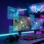 Esports tournament gaming setup with monitors showing competitive gameplay and betting odds