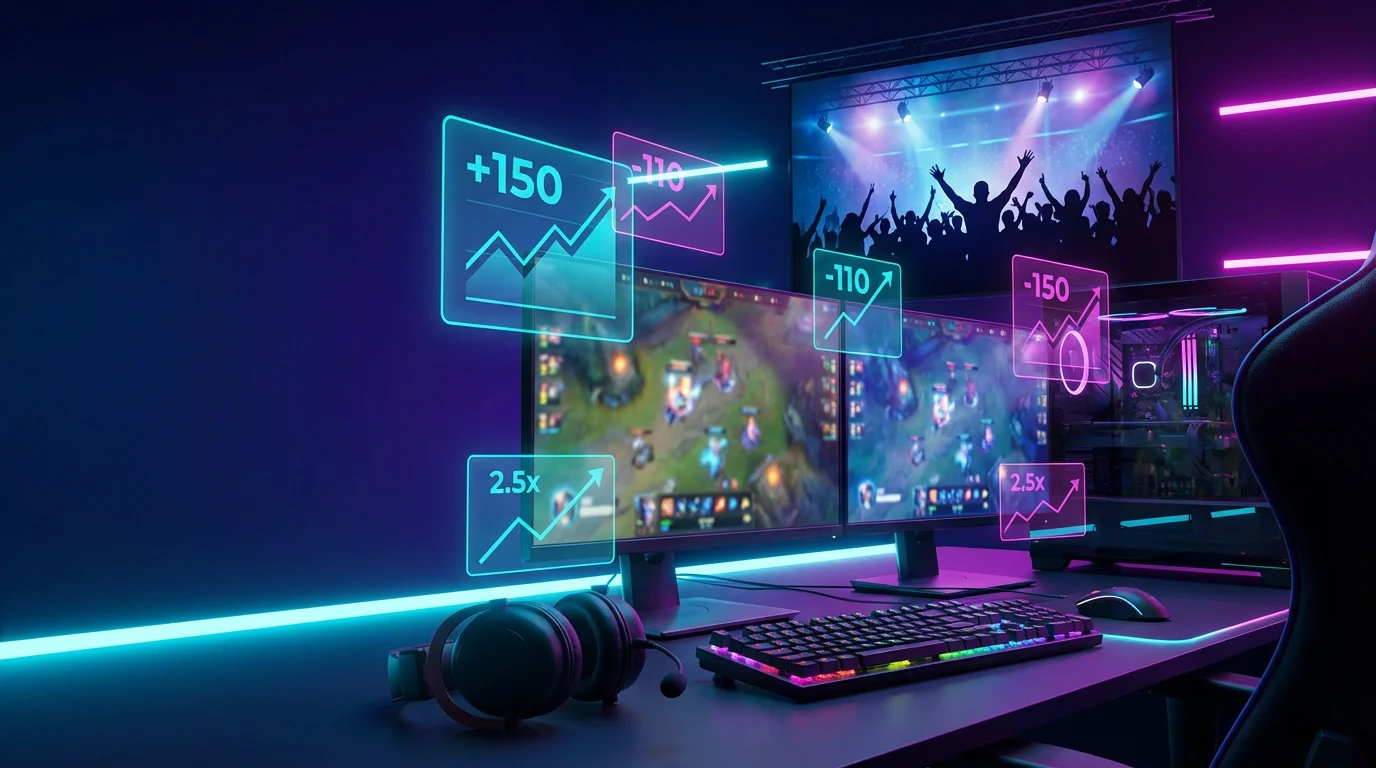 Esports tournament arena with gaming setup and betting odds overlay