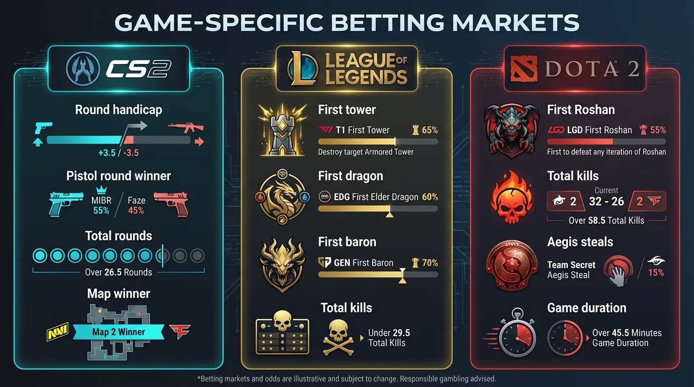 Comparison of CS2, League of Legends, and Dota 2 specific betting markets