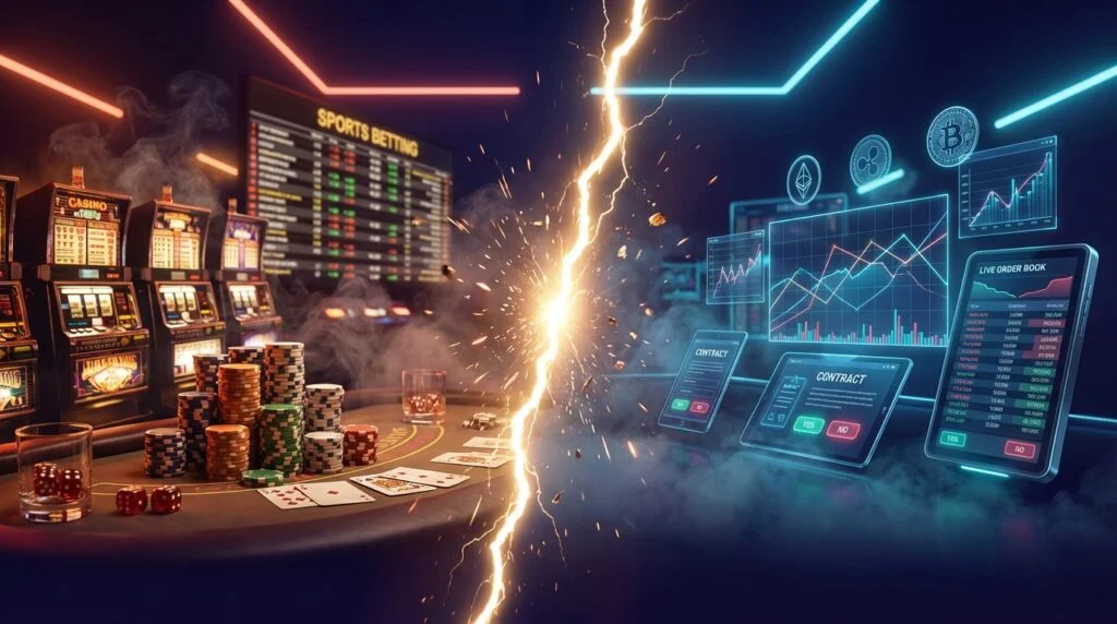 Split composition showing traditional casino sportsbook versus futuristic prediction market trading interfaces divided by glowing fracture