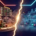 Split composition showing traditional casino sportsbook versus futuristic prediction market trading interfaces divided by glowing fracture