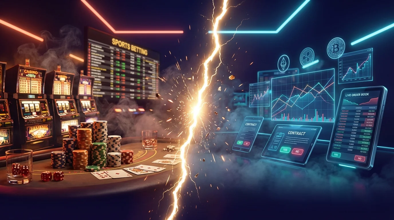 Split composition showing traditional casino sportsbook versus futuristic prediction market trading interfaces divided by glowing fracture