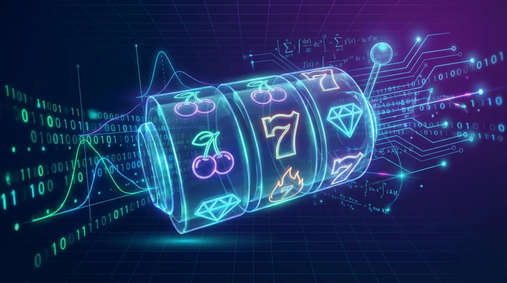 Abstract visualization of online slot machine mechanics with RNG algorithms, probability curves, and circuit patterns on dark gradient background