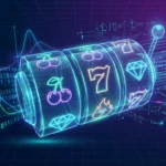 Abstract visualization of online slot machine mechanics with RNG algorithms, probability curves, and circuit patterns on dark gradient background
