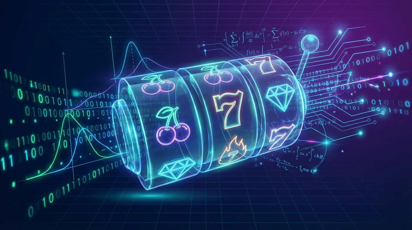 Abstract visualization of online slot machine mechanics with RNG algorithms, probability curves, and circuit patterns on dark gradient background
