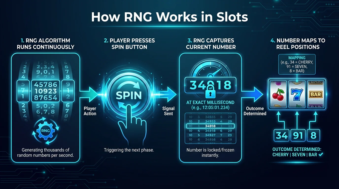 Step-by-step infographic showing how RNG determines slot machine outcomes from number generation to reel positions