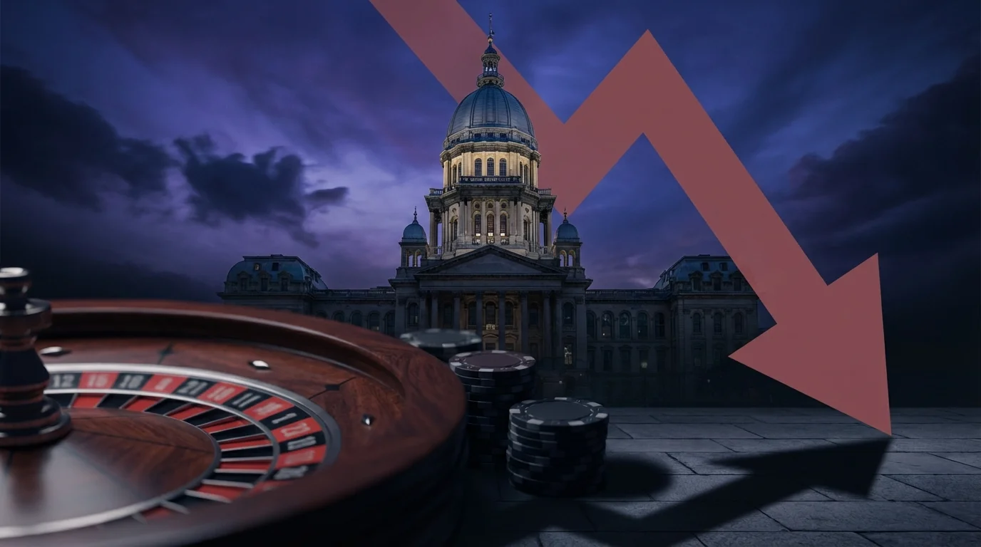 Illinois state capitol at night with casino roulette wheel and chips in foreground with red downward arrow symbolizing gambling revenue decline from aggressive tax policy