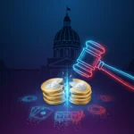 Indiana state capitol dome with gavel striking dual-currency coins, representing HB 1052 sweepstakes casino ban legislation