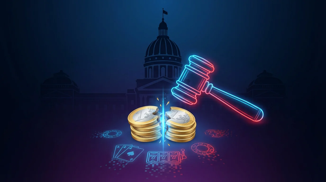 Indiana state capitol dome with gavel striking dual-currency coins, representing HB 1052 sweepstakes casino ban legislation