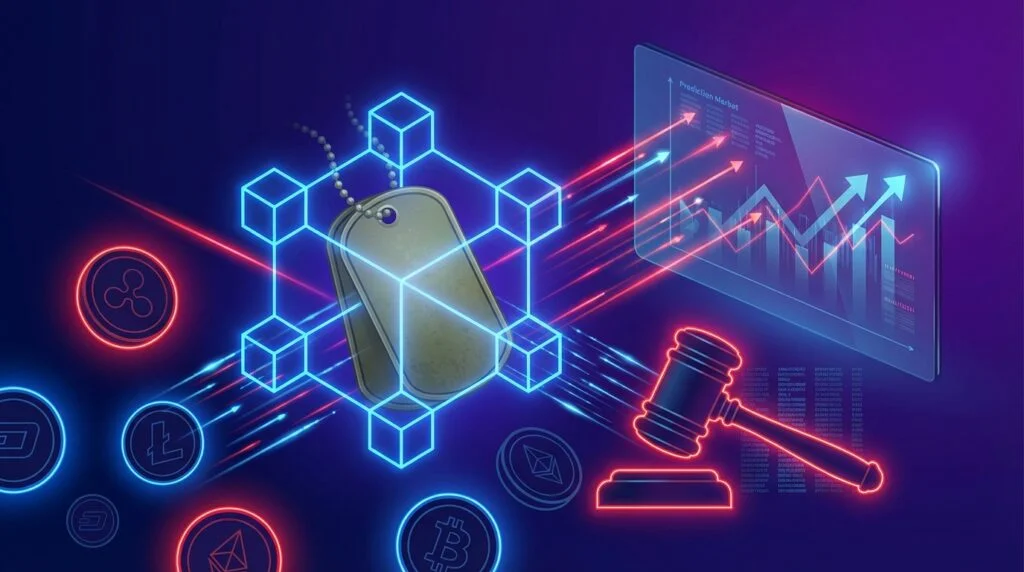 Military insider trading on prediction markets — military dog tags intertwined with blockchain nodes, prediction market chart, gavel, and cryptocurrency elements on dark gradient background