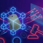 Military insider trading on prediction markets — military dog tags intertwined with blockchain nodes, prediction market chart, gavel, and cryptocurrency elements on dark gradient background