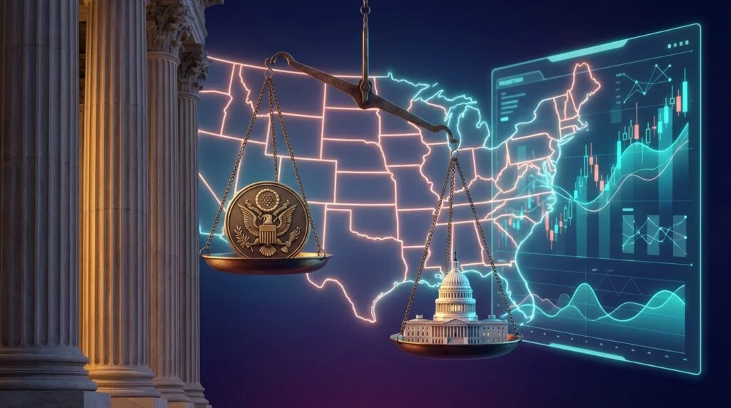 Federal courthouse and prediction market trading interface with scales of justice representing Kalshi's legal battle against state attorneys general over federal preemption