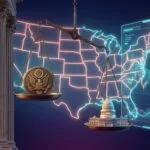 Federal courthouse and prediction market trading interface with scales of justice representing Kalshi's legal battle against state attorneys general over federal preemption