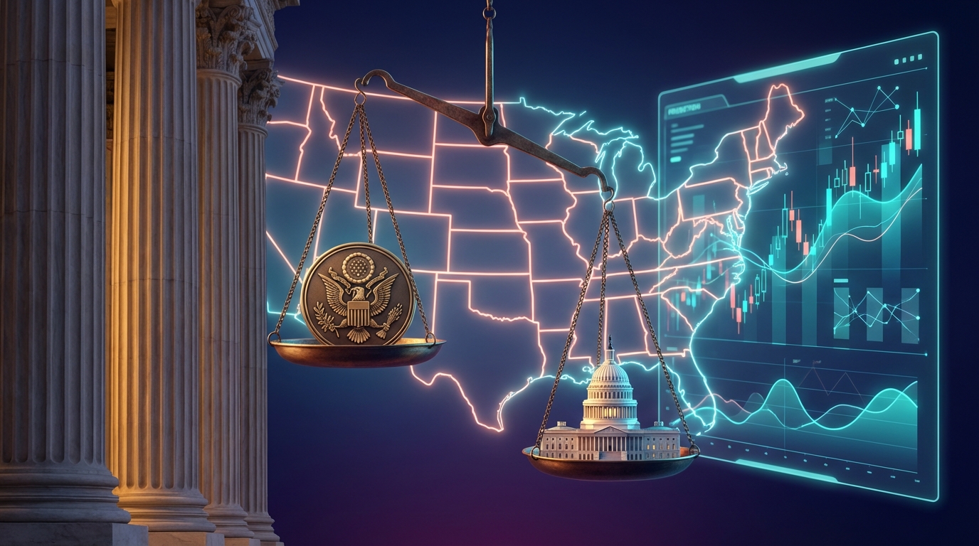 Federal courthouse and prediction market trading interface with scales of justice representing Kalshi's legal battle against state attorneys general over federal preemption