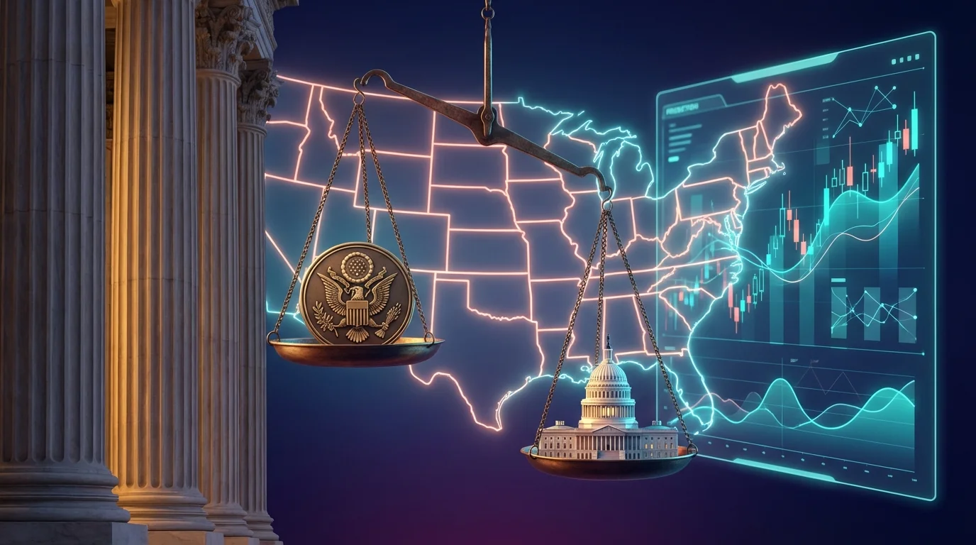 Federal courthouse and prediction market trading interface with scales of justice representing Kalshi's legal battle against state attorneys general over federal preemption