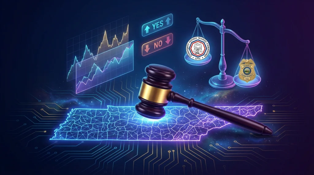 Federal court gavel over Tennessee map with prediction market contract icons and scales of justice balancing CFTC seal against state gaming authority