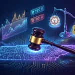 Federal court gavel over Tennessee map with prediction market contract icons and scales of justice balancing CFTC seal against state gaming authority