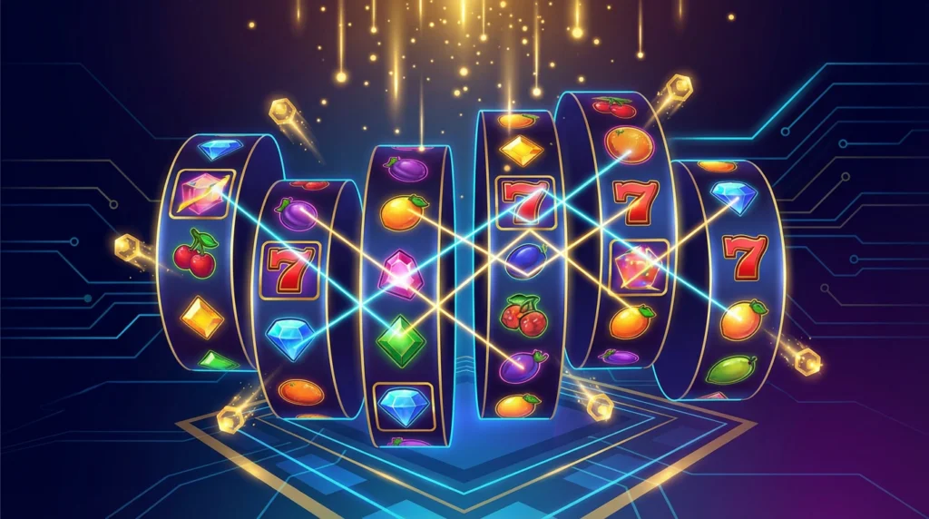 Megaways slot mechanic showing six reels with variable symbol heights and cascading win symbols