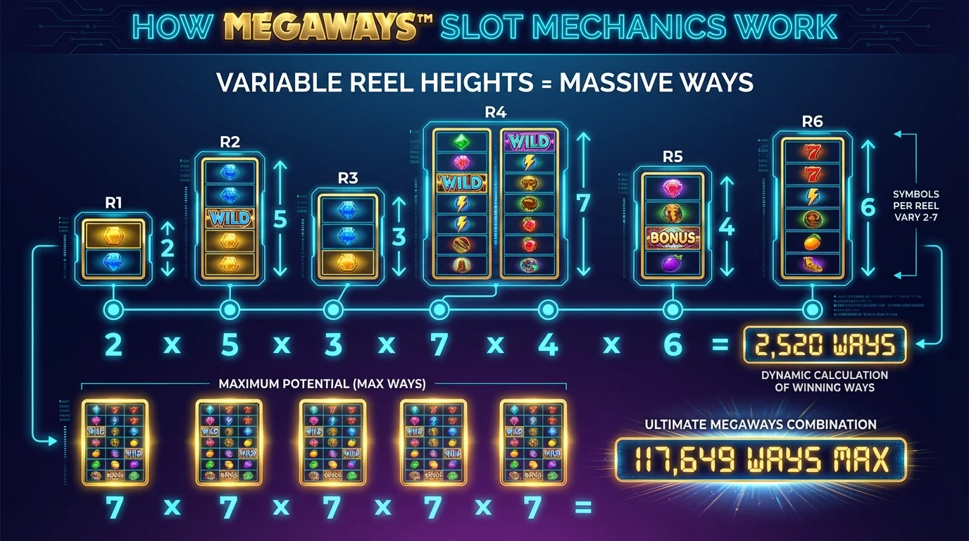 Infographic showing how Megaways variable reel heights calculate ways to win from 64 to 117,649