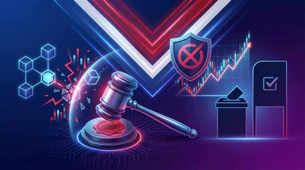 Netherlands gambling regulator bans Polymarket prediction market platform with Dutch flag elements, regulatory gavel, and disconnected blockchain nodes