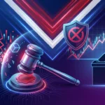 Netherlands gambling regulator bans Polymarket prediction market platform with Dutch flag elements, regulatory gavel, and disconnected blockchain nodes