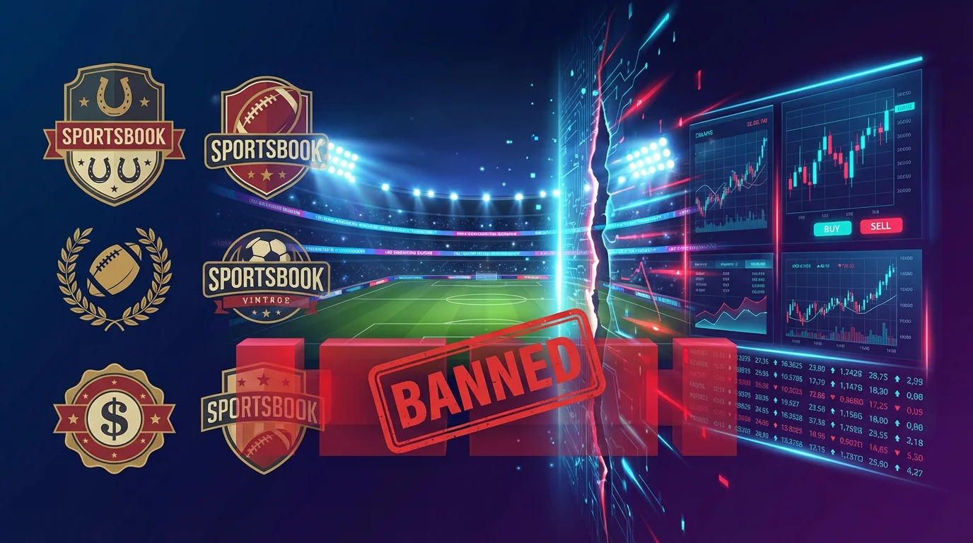 NFL prediction market advertising ban with stadium lights and blocked trading screens