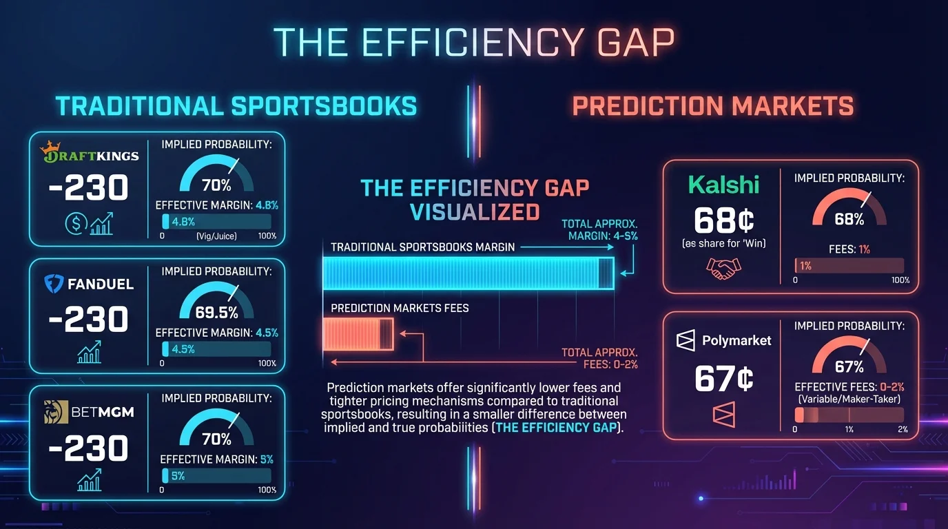 The Efficiency Gap infographic comparing sportsbook margins versus prediction market fees