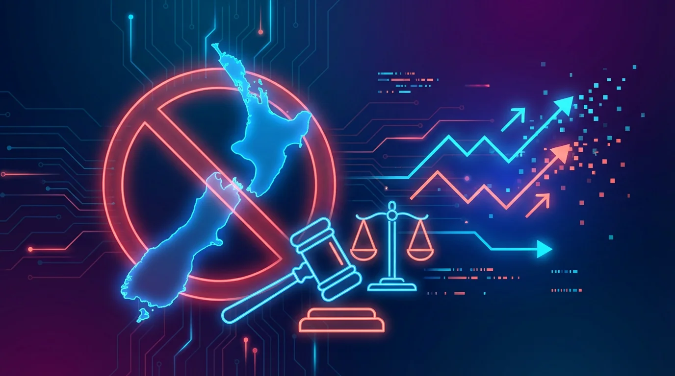 New Zealand map with gavel and prohibition symbol representing prediction markets gambling ban