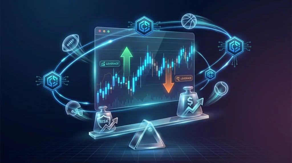 Prediction market margin trading visualization with leverage arrows, trading charts, sports elements, and competing platform nodes