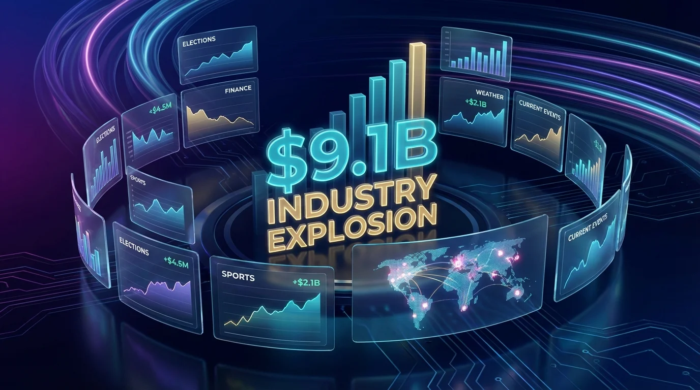 Prediction market industry growth visualization showing billions in trading volume across multiple platforms