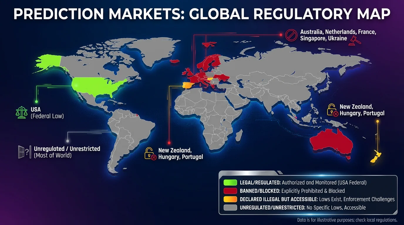 World map showing global regulatory status of prediction markets with color-coded regions for banned, legal, and unregulated jurisdictions