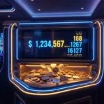 Progressive jackpot slot machine with glowing jackpot counter and cascading gold coins