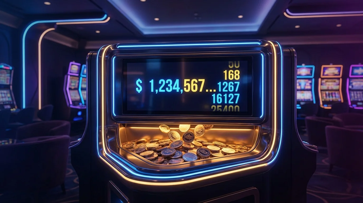 Progressive jackpot slot machine with glowing jackpot counter and cascading gold coins