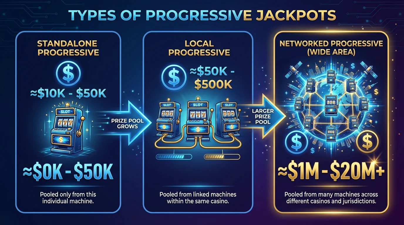 Infographic showing three types of progressive jackpots: standalone, local, and networked with prize ranges
