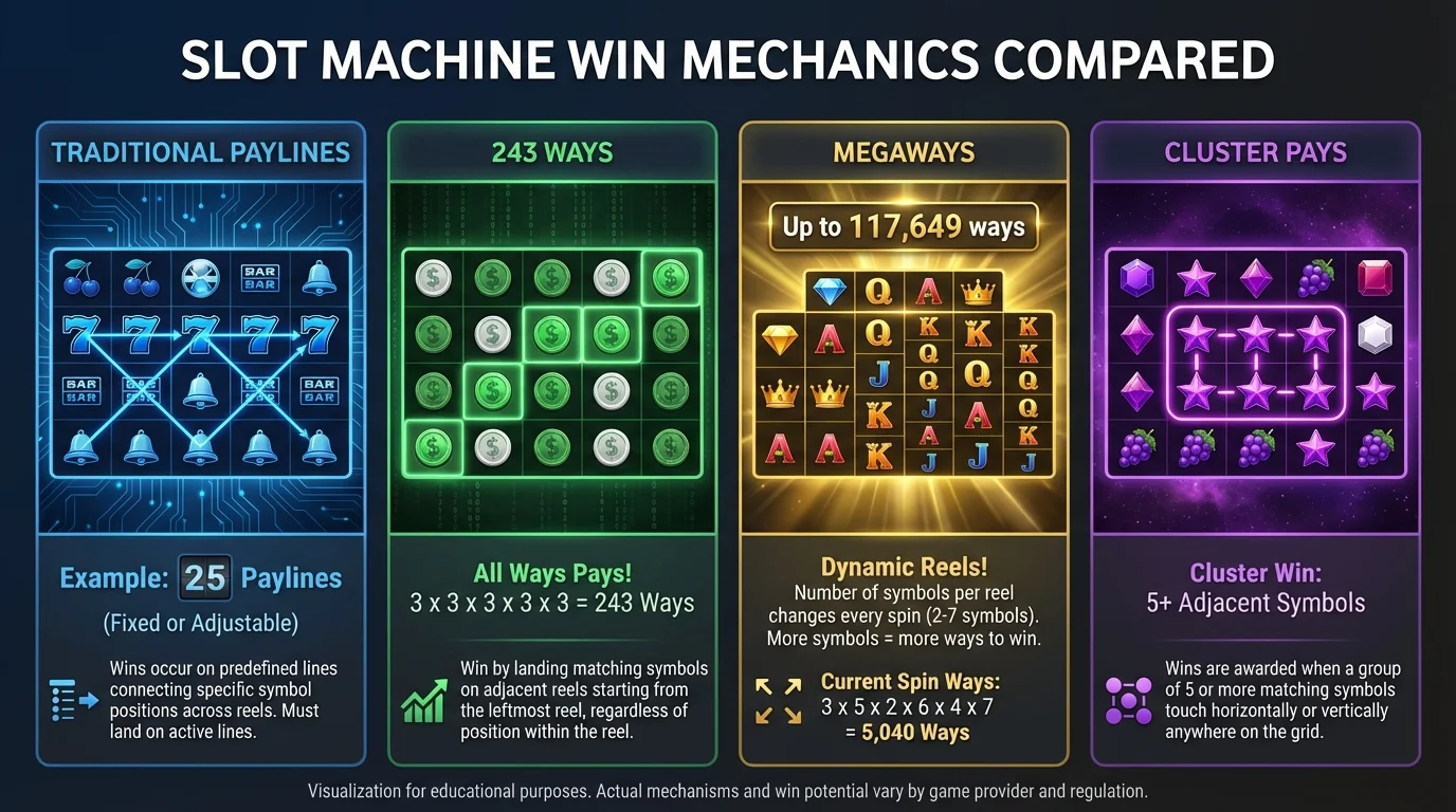 Visual comparison of four slot win mechanics: traditional paylines, 243 ways to win, Megaways with variable reels, and cluster pays with adjacent symbols
