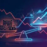 Prediction markets rising while traditional sportsbook valuations decline - balance scale visualization showing industry power shift