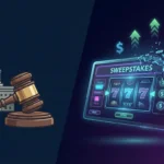 State capitol dome with gavel beside dissolving sweepstakes casino interface with dollar signs representing tax revenue motivation behind sweepstakes bans