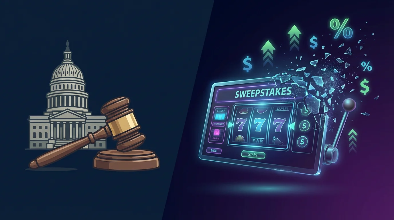 State capitol dome with gavel beside dissolving sweepstakes casino interface with dollar signs representing tax revenue motivation behind sweepstakes bans