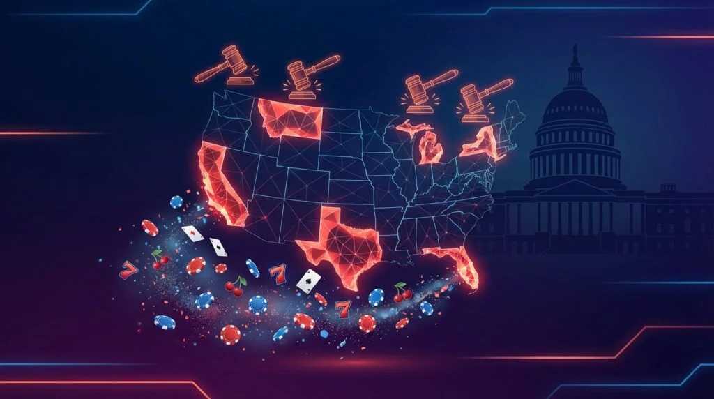 US map with six states highlighted showing sweepstakes casino crackdown