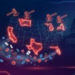 US map with six states highlighted showing sweepstakes casino crackdown