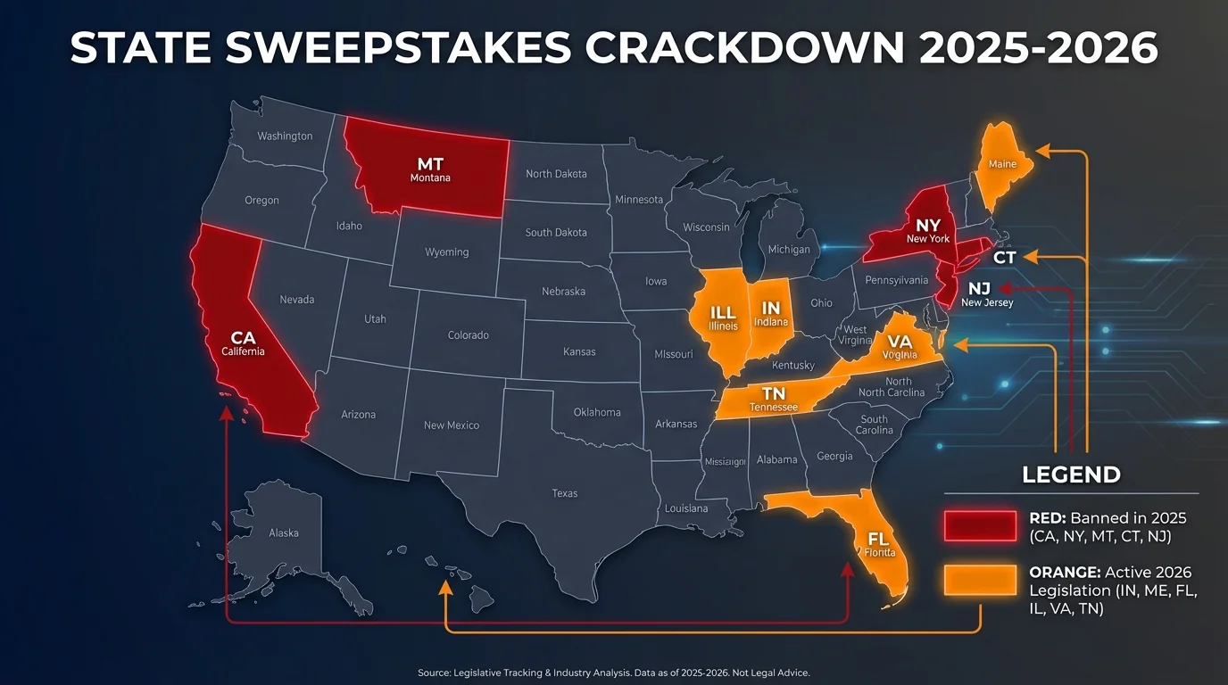 US map showing states that banned sweepstakes casinos in 2025 and states with active 2026 legislation