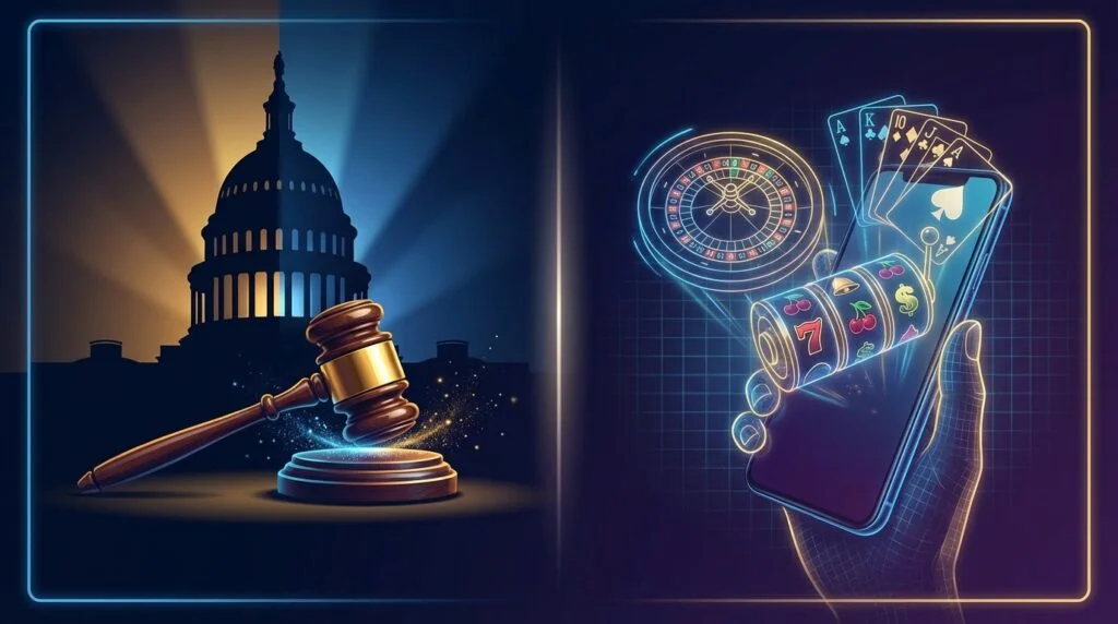 Virginia state capitol with digital casino elements symbolizing iGaming legislation