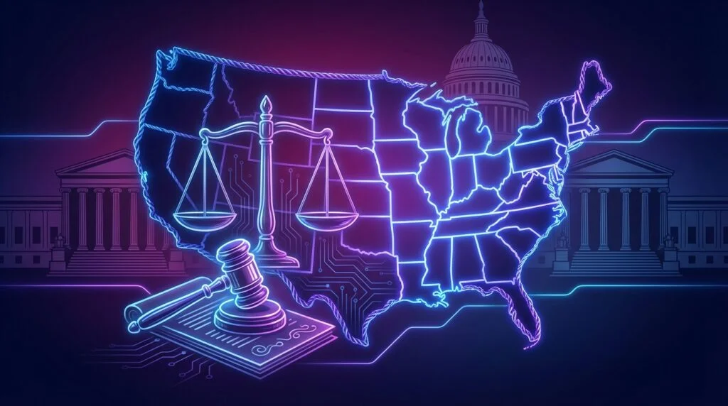 US map showing 39 states united in coalition filing amicus brief against Kalshi prediction markets with scales of justice and legal imagery