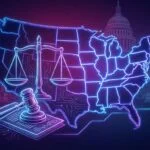 US map showing 39 states united in coalition filing amicus brief against Kalshi prediction markets with scales of justice and legal imagery