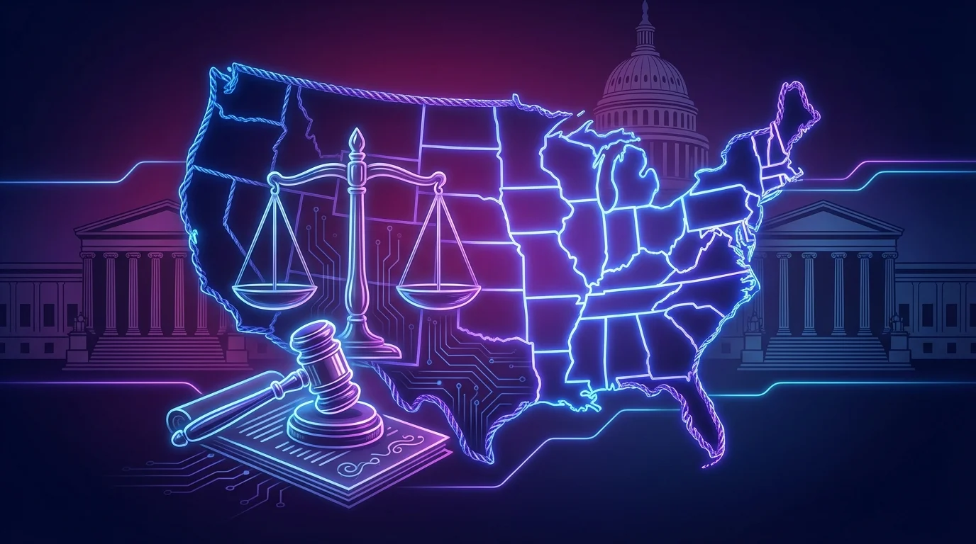 US map showing 39 states united in coalition filing amicus brief against Kalshi prediction markets with scales of justice and legal imagery