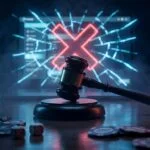 Argentina flag elements with courtroom gavel and casino chips representing the Polymarket ban