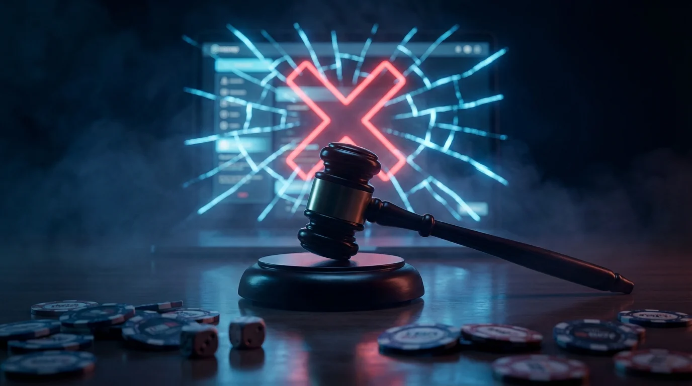 Argentina flag elements with courtroom gavel and casino chips representing the Polymarket ban